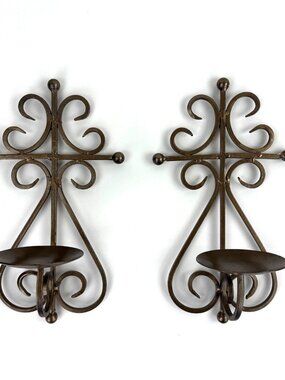 VTG Cross Wrought Iron Wall Sconce Scroll Work Candle Holder Crucifix 12.5 Inch